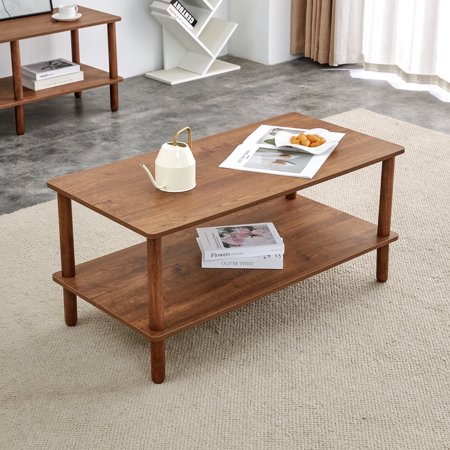 JUFU 2-Tier Coffee Table, Walnut Wood with Open Storage Shelf, Rubberwood Legs, Easy Assembly for Living Room