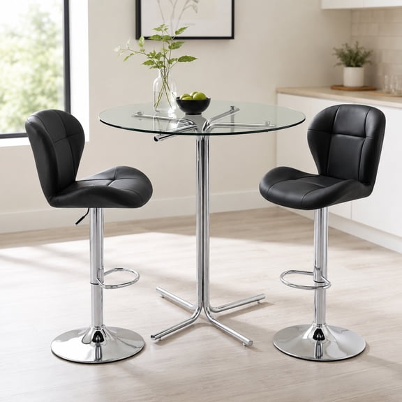 JUFU 3-Piece Bar Table Set with 2 PU Leather Adjustable Swivel Bar Stools, 36" Tempered Glass Round Pub Table with Chrome Metal Base, Modern Kitchen Island Dining Set for Small Spaces