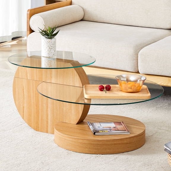 JUFU 35.4" Glass Coffee Table, Modern Round Coffee Table with MDF Base, 2-Tier Tempered Glass Top, Easy to Assemble, Ideal for Living Room, Small Space, Home Office