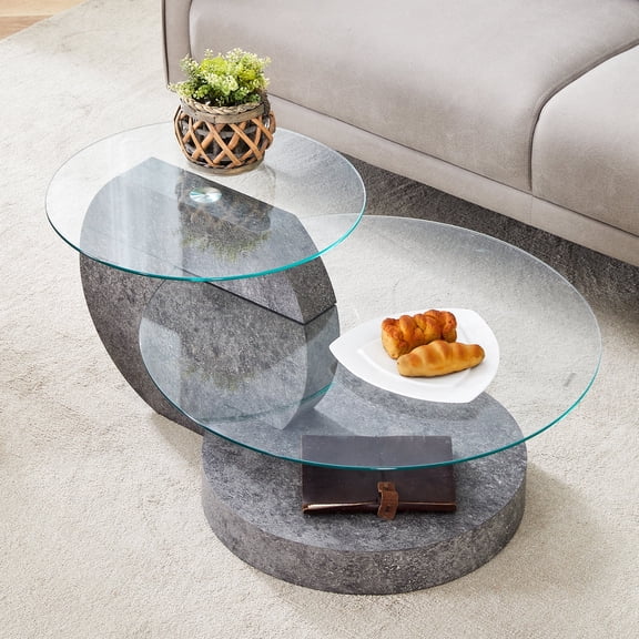 JUFU 35.4" Glass Coffee Table, Modern Round Coffee Table with MDF double-layer Gray Stone Texture Base, 2-Tier Tempered Glass Top, Easy to Assemble, Ideal for Living Room, Small Space, Home Office