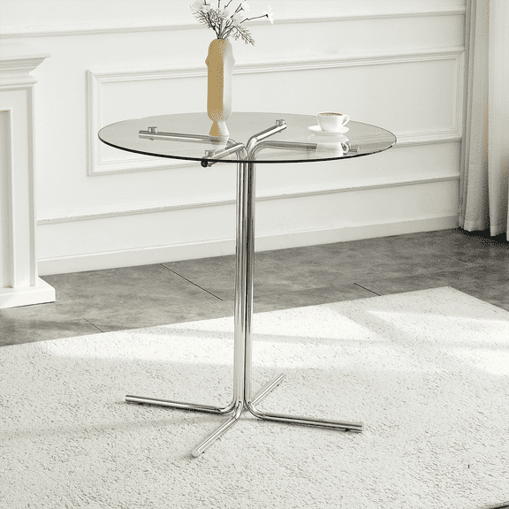 JUFU 36" Round Glass Bar Table, Bar Height Table with Silver Metal Base, Modern Glass Dining Table for 2-4, Counter Height Kitchen Table for Small Space Apartment