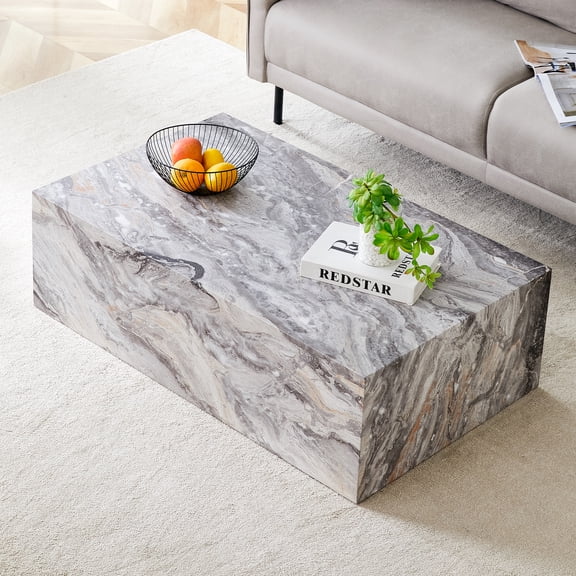 JUFU 39.4" Modern Cube Coffee Table, Minimalist Block Style MDF Center Table with Gray Marble Patterned Finish, Low Profile Accent Table for Living Room