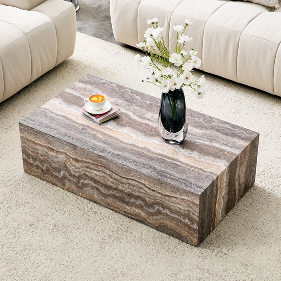 JUFU 39.4" Modern Cube Coffee Table, Minimalist Block Style MDF Center Table with Gray Marble Patterned Finish, Low Profile Accent Table for Living Room