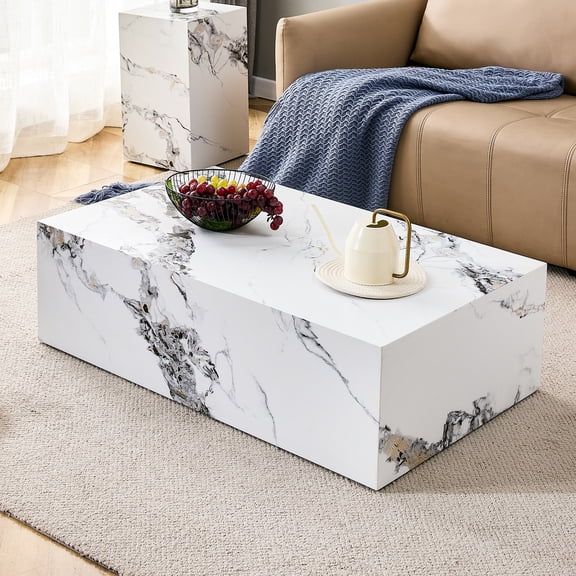 JUFU 39.4" Modern Cube Coffee Table, Minimalist Block Style MDF Center Table with White Marble Patterned Finish, Low Profile Accent Table for Living Room