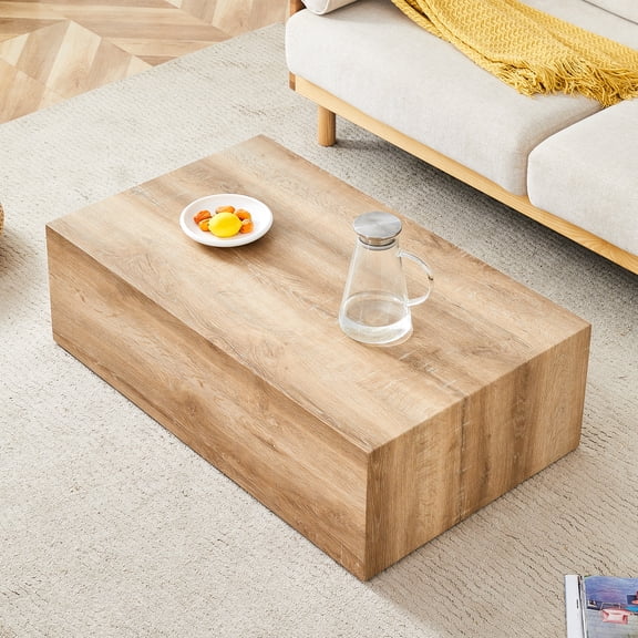 JUFU 39.4" Modern Cube Coffee Table, Minimalist Block Style MDF Center Table with Wood Grain Finish, Low Profile Accent Table for Living Room