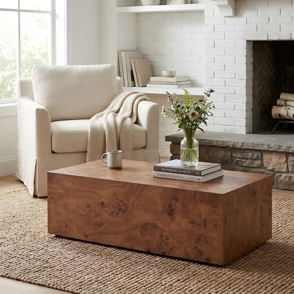 JUFU 39.4" Modern Cube Coffee Table, Minimalist Block Style MDF Center Table with Wood Grain Finish, Low Profile Accent Table for Living Room