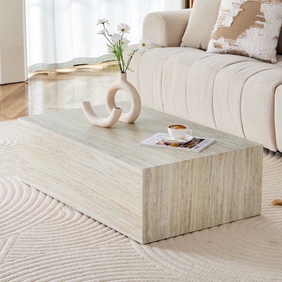 JUFU 39.4" Modern Cube Coffee Table, Minimalist Block Style MDF Center Table with Wood Grain Finish, Low Profile Accent Table for Living Room