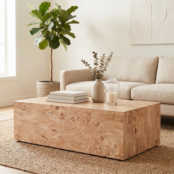 JUFU 39.4" Modern Cube Coffee Table, Minimalist Block Style MDF Center Table with Wood Grain Finish, Low Profile Accent Table for Living Room