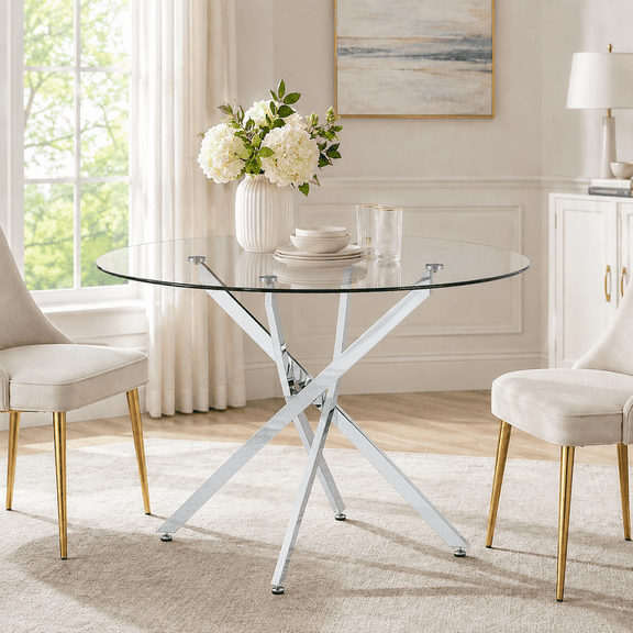 JUFU 39" Round Glass Dining Table with Tempered Glass Top and Gold Metal Cross Base, Modern Kitchen & Dining Room Table for Home