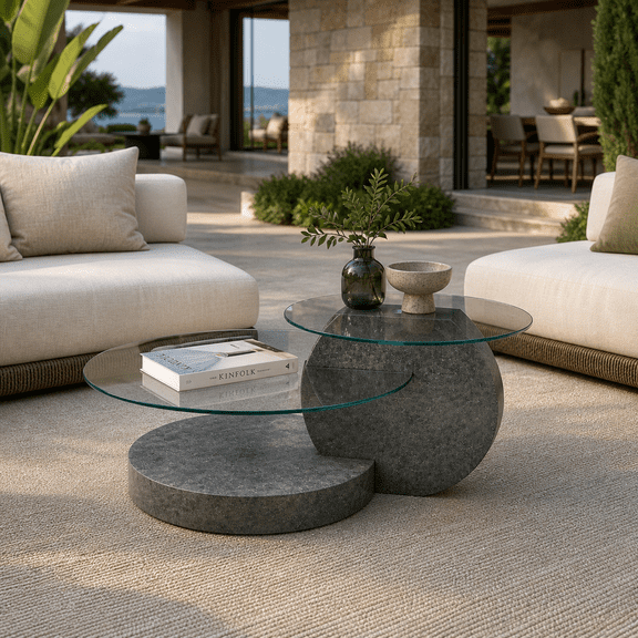 JUFU 42 Gray Stone Pattern Tempered Glass & MDF Round Coffee Table 2Tier Modern Center Table for Living Room
