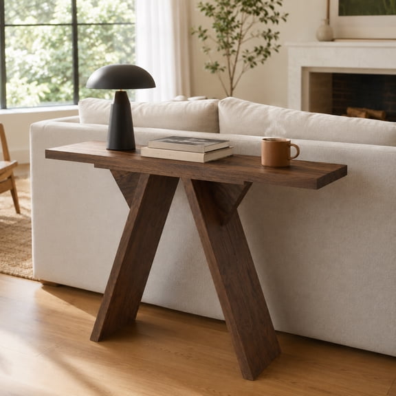JUFU 43.4" Console Table, Narrow Entryway Table with V-Shaped Base, Modern Sofa Table Behind Couch, Wood Grain MDF Accent Table for Hallway, Living Room