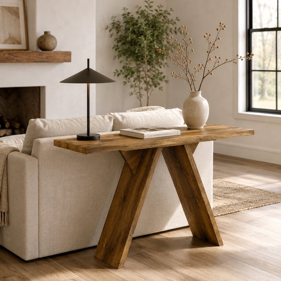 JUFU 43.4" Console Table, Narrow Entryway Table with V-Shaped Base, Modern Sofa Table Behind Couch, Wood Grain MDF Accent Table for Hallway, Living Room