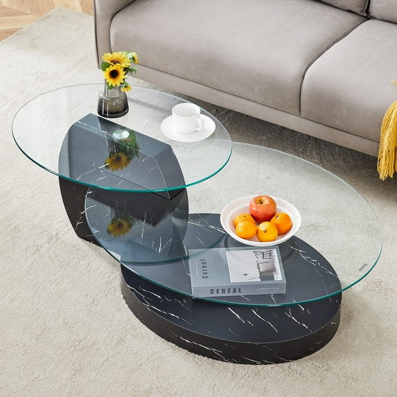 JUFU 47'' Modern Black Oval Glass Coffee Table, 3-Tier Modern Living Room Table with Faux Marble Finish