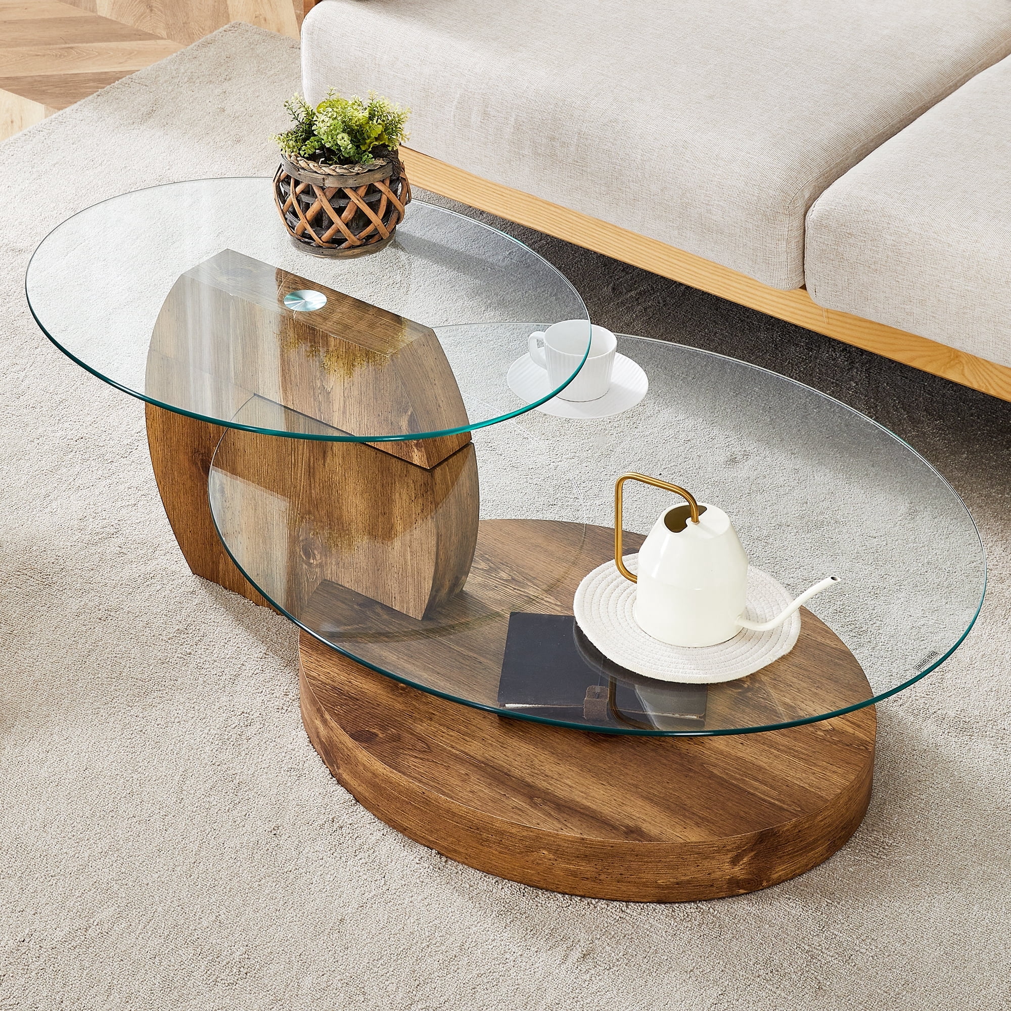 JUFU 47'' Modern Oval Glass Coffee Table, 2-Tier Living Room Table with ...