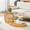 thumbnail image 1 of JUFU 47'' Modern Oval Glass Coffee Table, 2-Tier Living Room Table with Natural Wood Color Base, 1 of 11