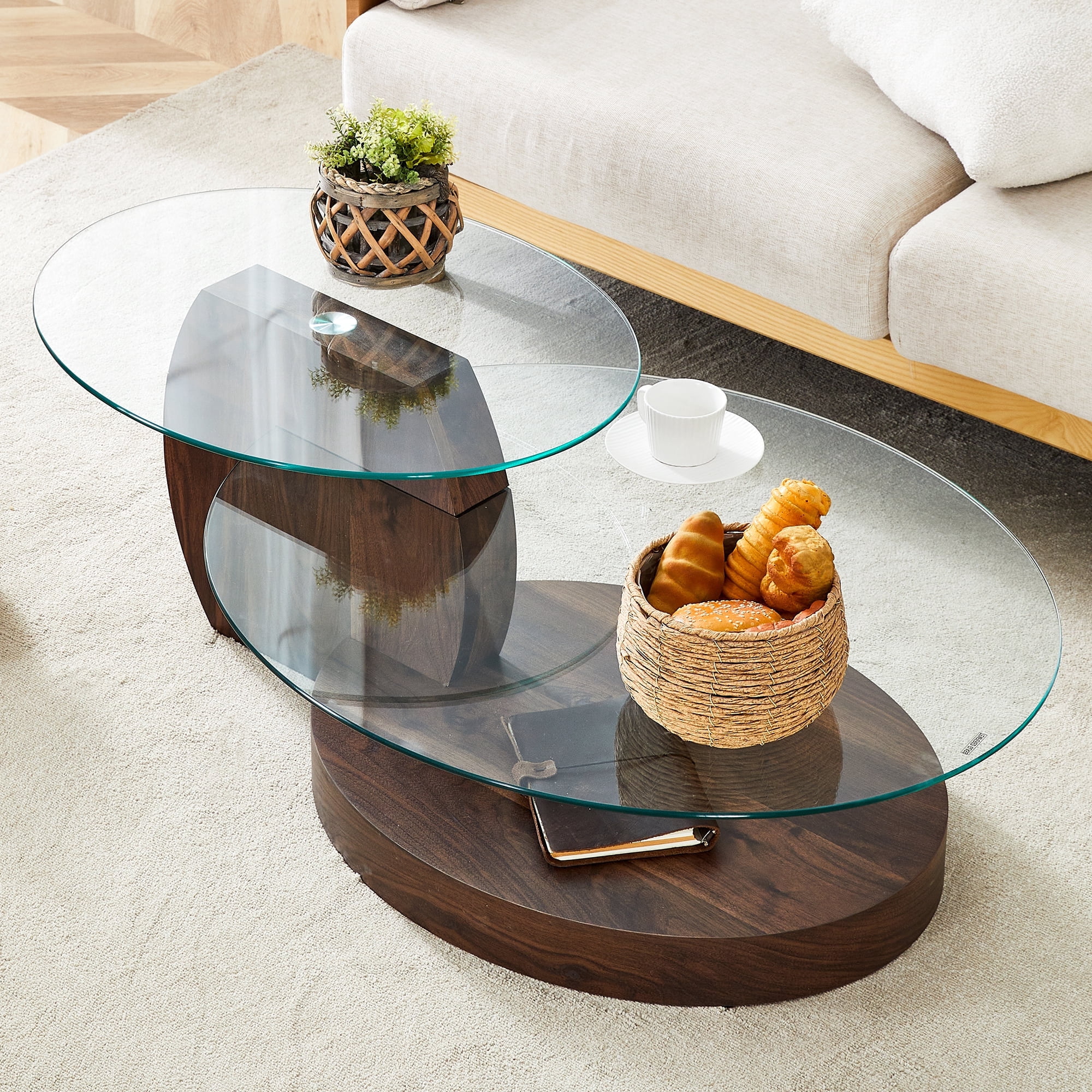 JUFU 47'' Modern Oval Glass Coffee Table, 2-Tier Living Room Table with ...