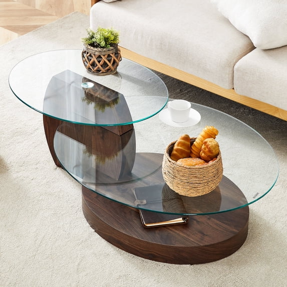 JUFU 47'' Modern Oval Glass Coffee Table, 2-Tier Living Room Table with ...