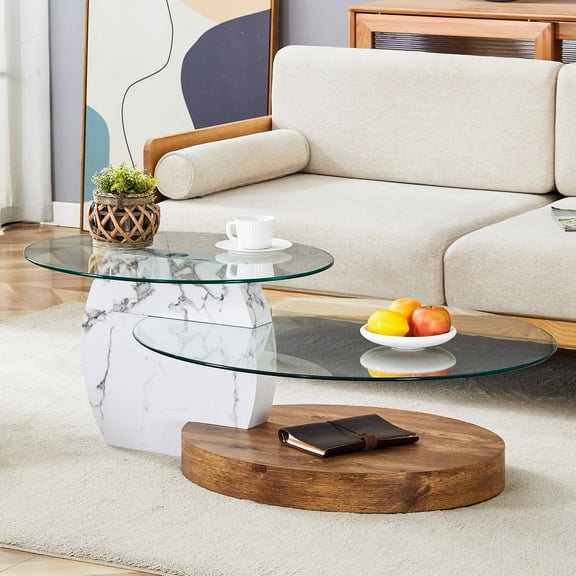 JUFU 47'' Modern Wood&White Oval Glass Coffee Table, 3-Tier Modern Living Room Table with Faux Marble Finish