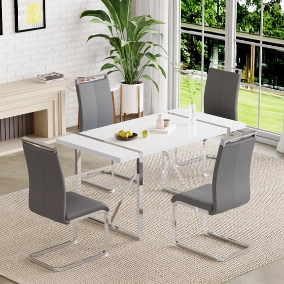 JUFU 5 Piece Dining Table Set for 4, 55" White Rectangular MDF Kitchen Table and 4 Gray PU Upholstered Dining Chairs with Silver Metal Legs, Modern Dining Room Set for Small Spaces