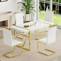 JUFU 5 Piece Dining Table Set for 4, 55" White Rectangular MDF Table with Gold Metal Legs and 4 White PU Upholstered Chairs, Elegant Dining Set for Small Spaces