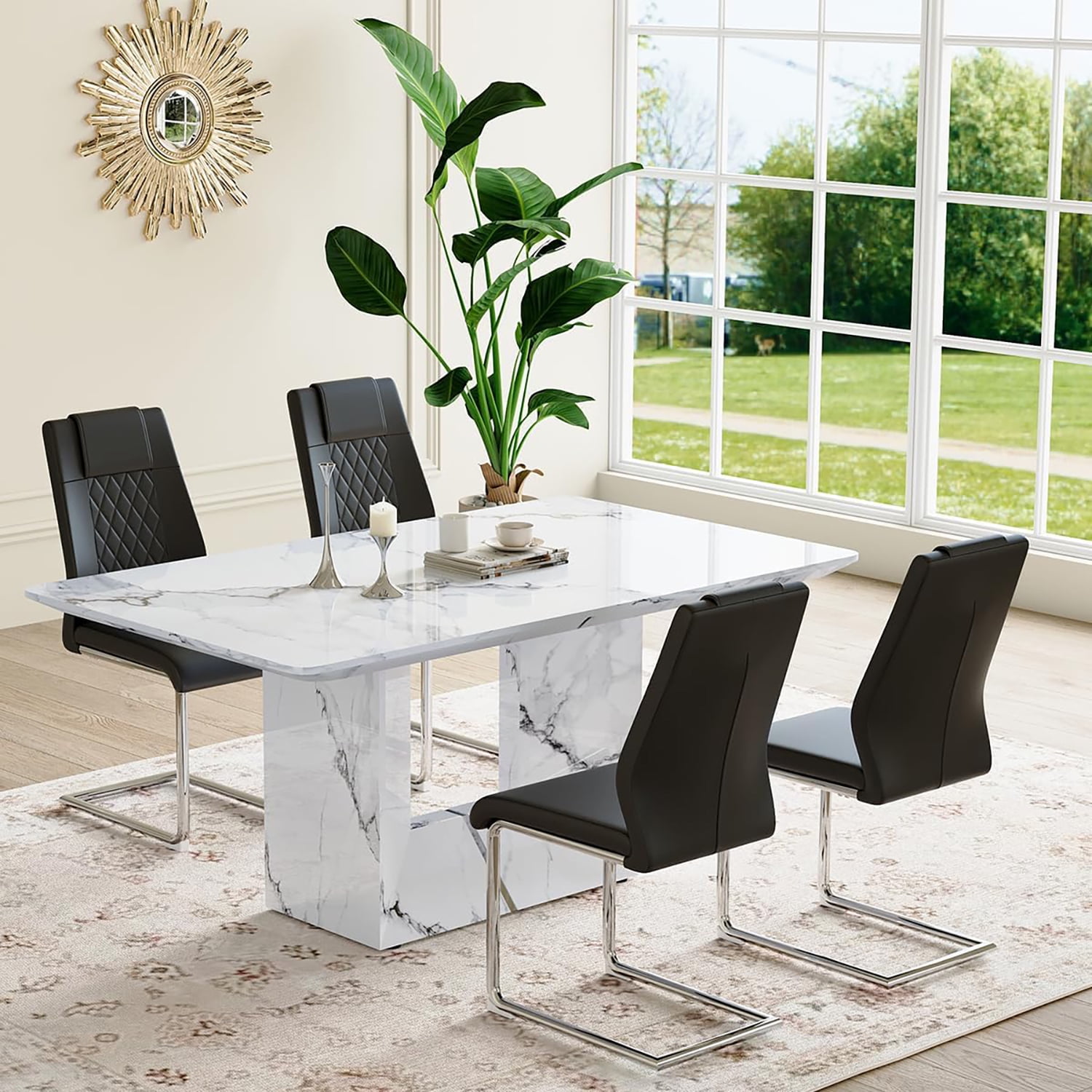 JUFU 5-Piece Dining Table Set – 63" White Faux Marble Dining Table with 4 Black Upholstered Chairs and Chrome Metal Legs – Modern Dining Room Furniture for 4-6 People
