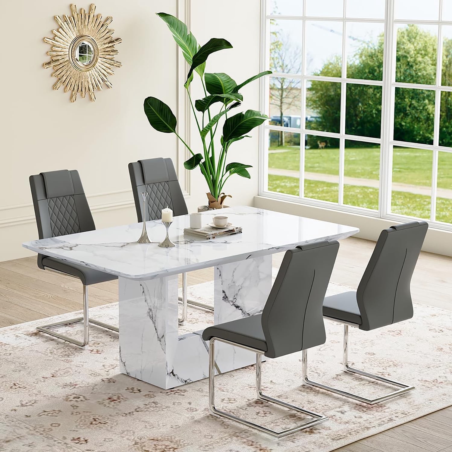 JUFU 5-Piece Dining Table Set – 63" White Faux Marble Dining Table with 4 Gray Upholstered Chairs and Chrome Metal Legs – Modern Dining Room Furniture for 4-6 People