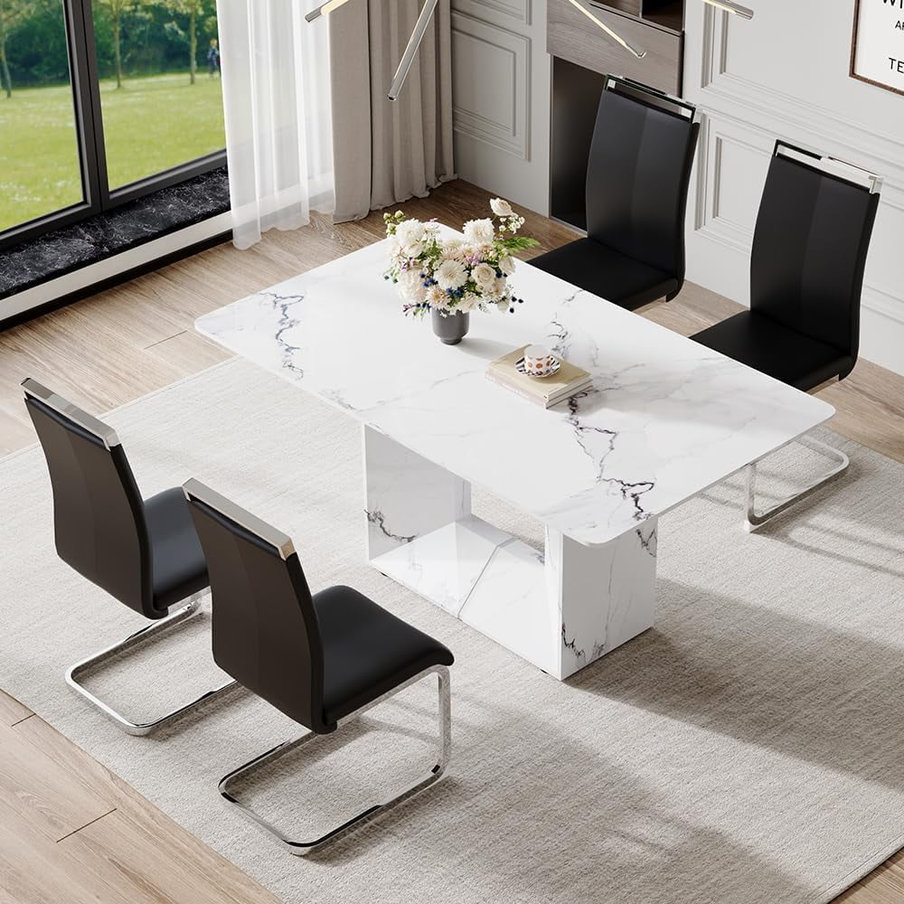 JUFU 5-Piece Dining Table Set with 63" Faux Marble Rectangle Table and 4 Black PU Leather Chairs, Modern Kitchen Table Set for Dining Room