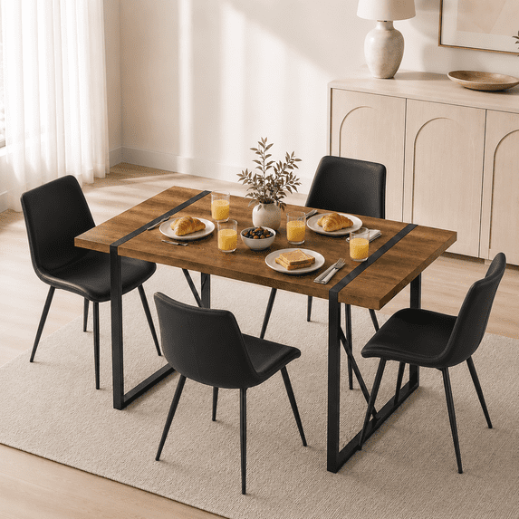 JUFU 55" Dining Table Set for 4, Modern Table and Chairs Set of 4, 5 Piece Dining Table Set Include Wooden Kitchen Table and 4 Faux Leather Chairs Ideal for Kitchen Dining Room Easy to Assemble
