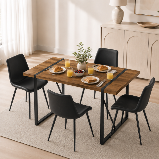 JUFU 55" Dining Table Set for 4, Modern Table and Chairs Set of 4, 5 Piece Dining Table Set Include Wooden Kitchen Table and 4 Faux Leather Chairs Ideal for Kitchen Dining Room Easy to Assemble