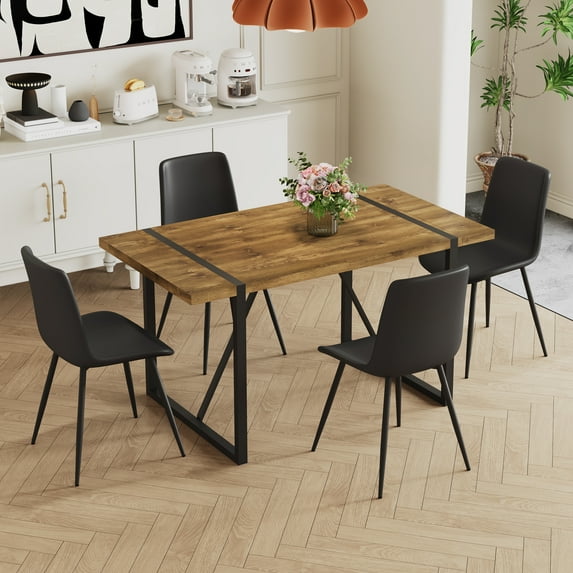 JUFU 55" Dining Table Set for 4, Modern Table and Chairs Set of 4, 5 Piece Dining Table Set Include Wooden Kitchen Table and 4 Faux Leather Chairs Ideal for Kitchen Dining Room Easy to Assemble