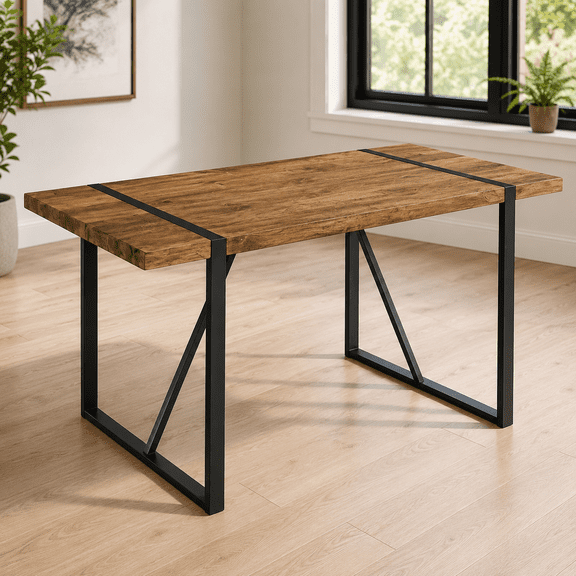 JUFU 55" Dining Table for 4-6, Rectangular Wood-Look MDF Top, Black Metal Legs for Kitchen & Dining Room