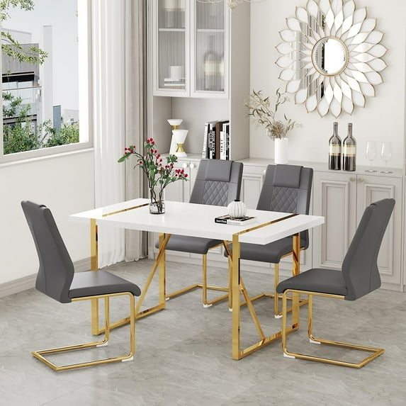 JUFU 55'' Modern Dining Table Set for 4, White Dining Table with Golden Metal Frame, Rectangular Dining Table with 4 Gray Faux Leather Chairs, Ideal for Kitchen & Dining Room