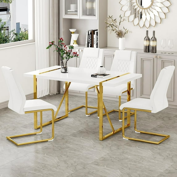 JUFU 55'' Modern Dining Table Set for 4, White Dining Table with Golden Metal Frame, Rectangular Dining Table with 4 White Faux Leather Chairs, Ideal for Kitchen & Dining Room
