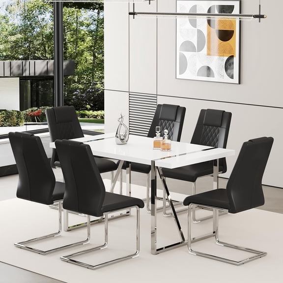 JUFU 55" Modern Dining Table Set for 6, White Dining Tabletop and Silver Metal Frame, Rectangle Dining Room Table with 6 Black Upholstered Dining Chairs. Dinner table Set for Kitchen and Dining Room