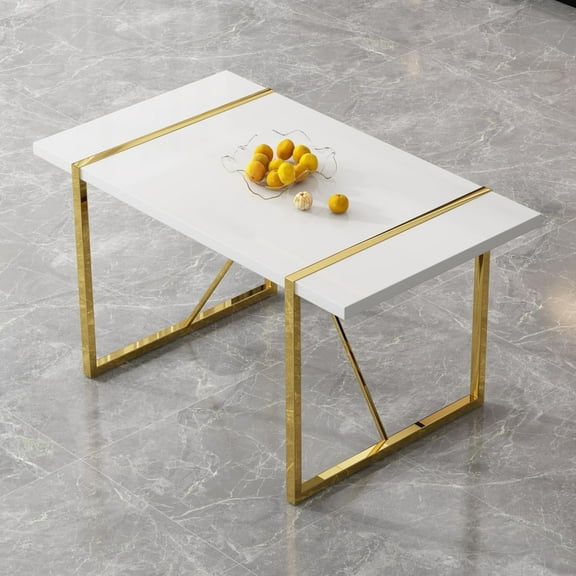 JUFU 55'' White Dining Table with Gold Metal Legs, Modern Kitchen Table for 4–6
