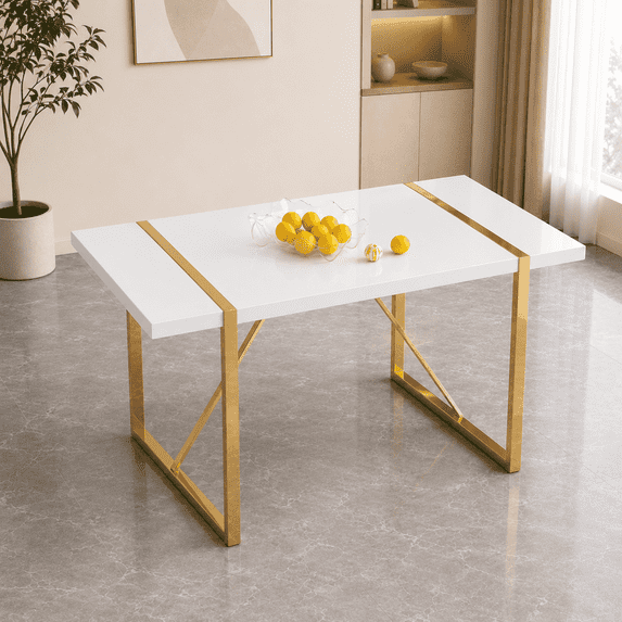 JUFU 55'' White Dining Table with Gold Metal Legs, Modern Kitchen Table for 4–6