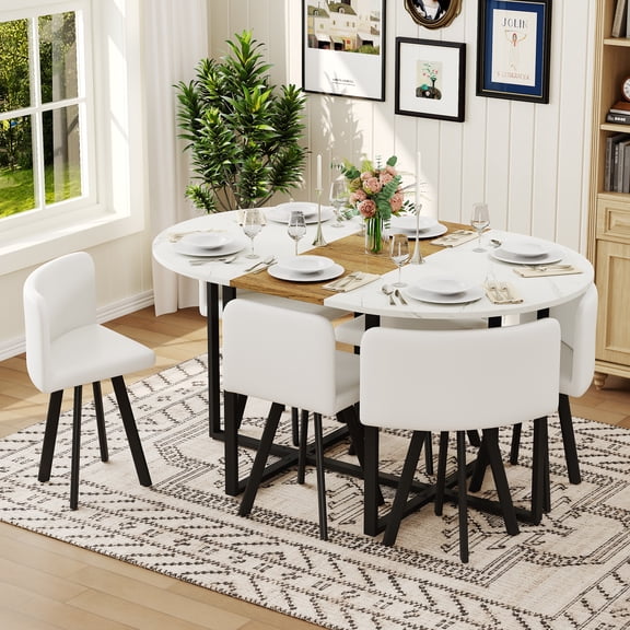 JUFU 59" Oval Dining Table Set for 6, Space Saving Kitchen Table and Chairs Set, MDF Wood Dining Room Furniture with 6 Upholstered PU Chairs, Modern Dining Set for Apartment, Small Space