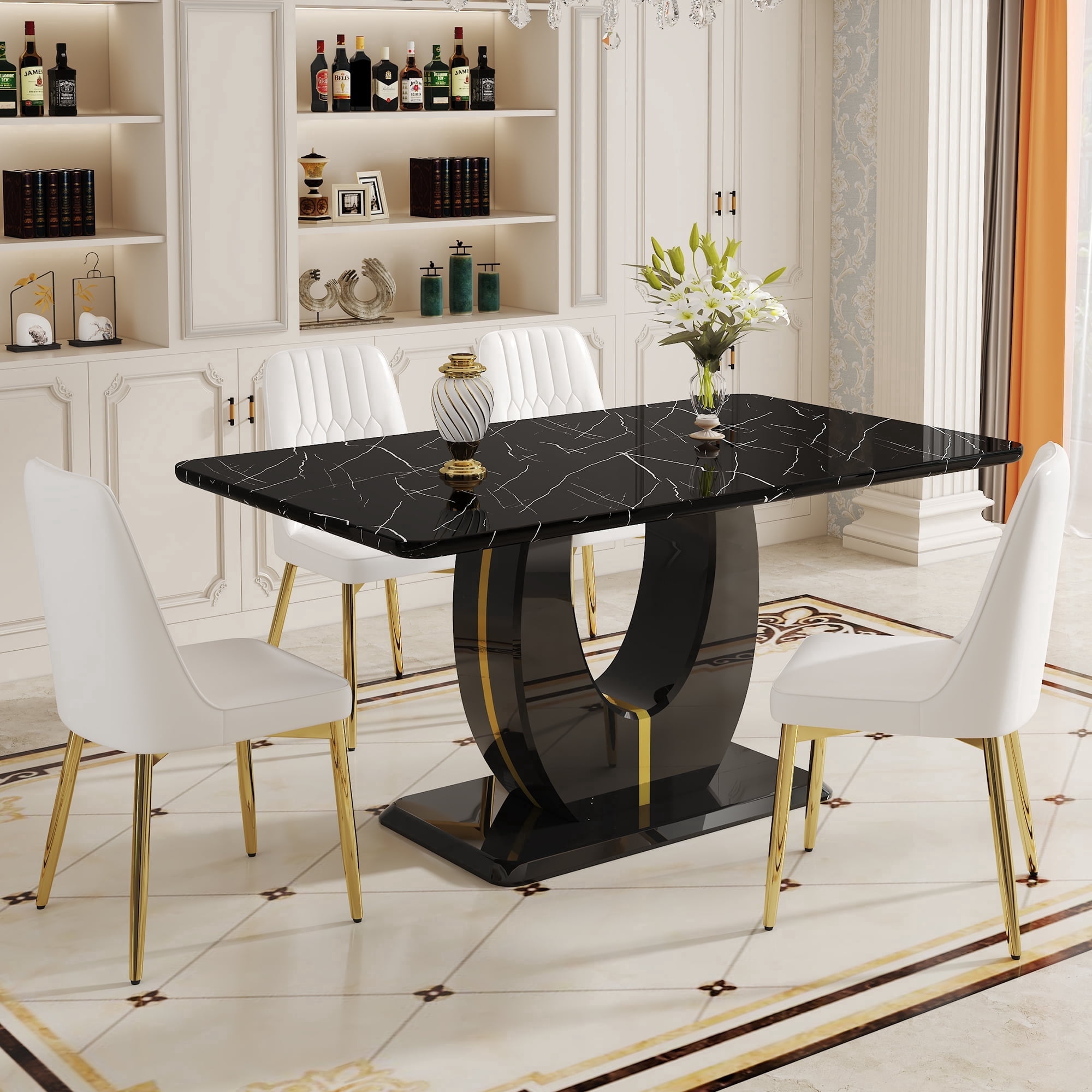 JUFU 63" Black Faux Marble Dining Table Set, 5-Piece Modern Dining Set ...