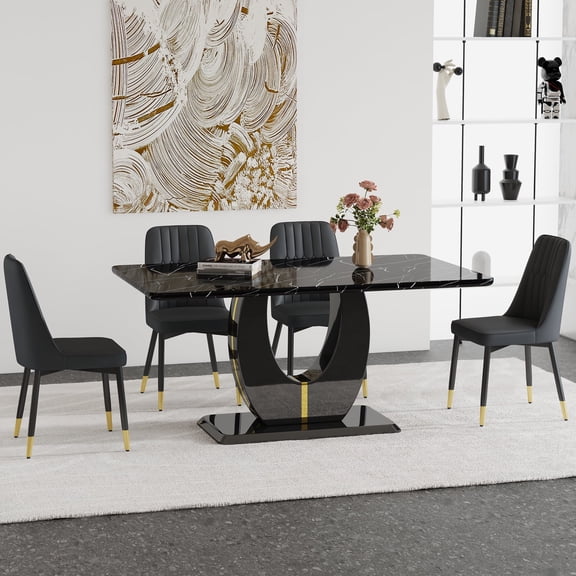 JUFU 63" Black Faux Marble Dining Table Set, 5-Piece Modern Dining Set with PU Leather Chairs and Metal Legs for Kitchen, Dining Room, Living Room