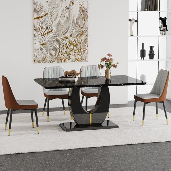 JUFU 63" Black Faux Marble Dining Table Set, 5-Piece Modern Dining Set with PU Leather Chairs and Metal Legs for Kitchen, Dining Room, Living Room