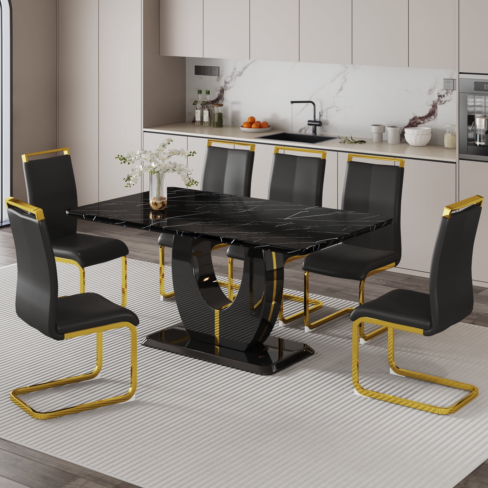 JUFU 63" Black Faux Marble Dining Table Set, 7-Piece Modern Dining Set ...