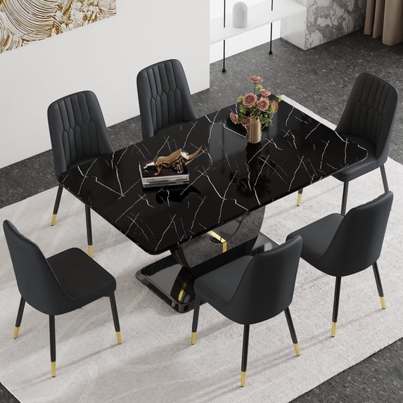 JUFU 63" Black Faux Marble Dining Table Set, 7-Piece Modern Dining Set with PU Leather Chairs and Metal Legs for Kitchen, Dining Room, Living Room