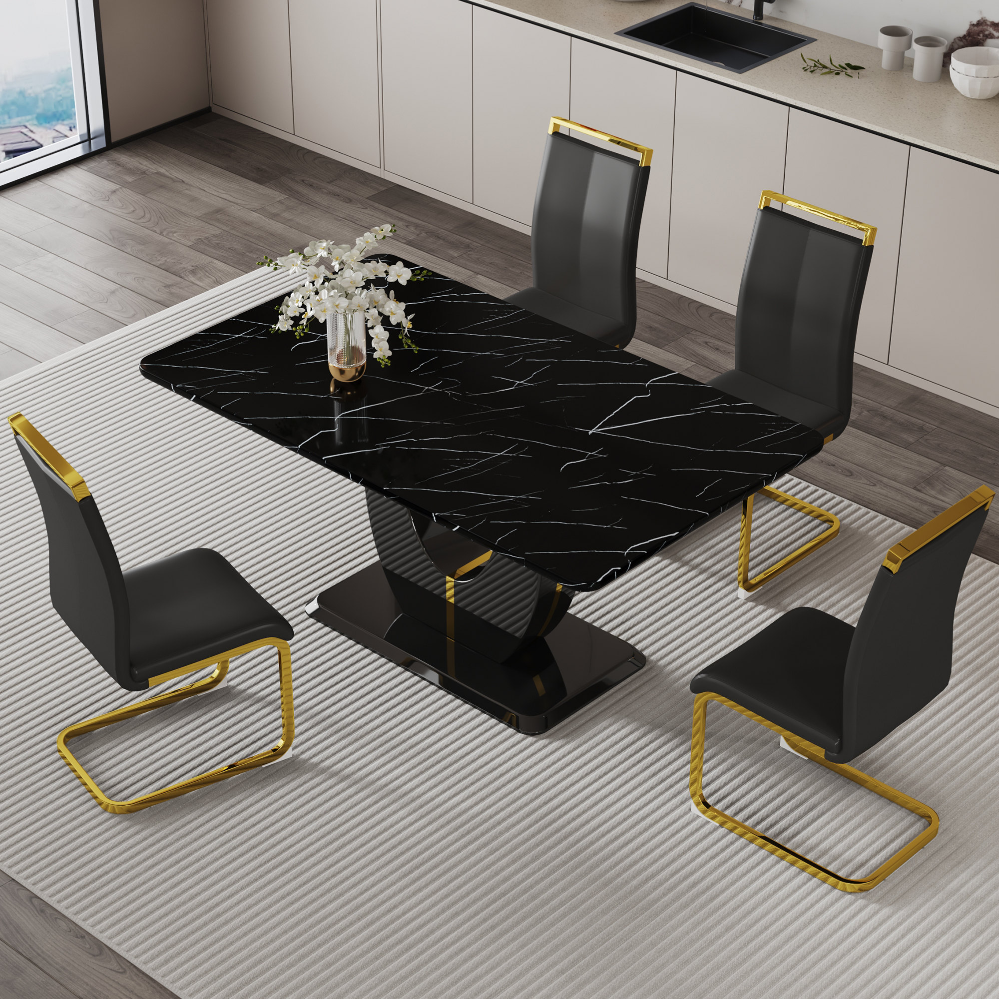 JUFU 63" Black Faux Marble Dining Table Set, Modern 5-Piece Dining Set ...