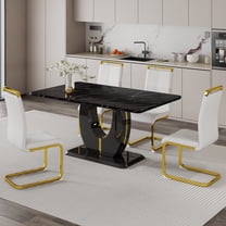 JUFU 63" Black Faux Marble Dining Table Set, Modern 5-Piece Dining Set with White PU Leather Chairs and Gold Metal Legs for Kitchen, Dining Room, Living Room