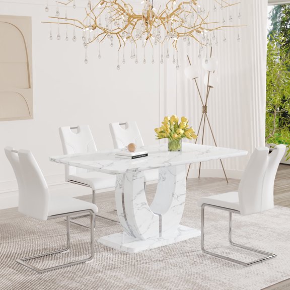 JUFU 63" Dining Table Set for 4, Faux Marble Rectangular Table with 4 White PU Chairs, Chrome Base