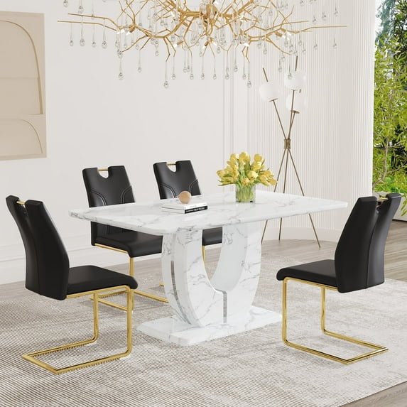 JUFU 63" Dining Table Set for 4, Faux Marble Table, 4 Black PU Chairs, Gold Cantilever Legs