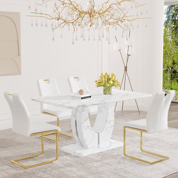 JUFU 63" Dining Table Set for 4, Faux Marble Table, 4 White PU Chairs, Gold Cantilever Legs