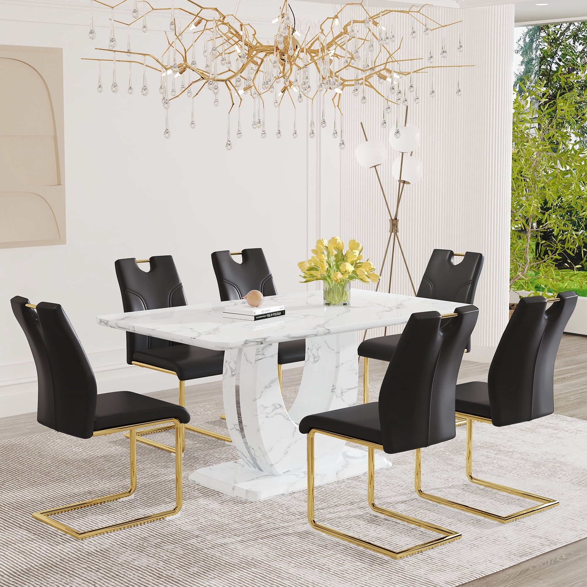 JUFU 63" Dining Table Set for 6, Faux Marble Table & 6 Black PU Chairs ...