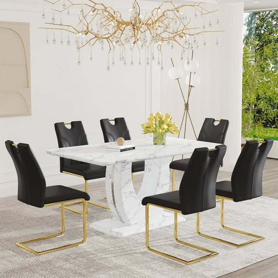 JUFU 63" Dining Table Set for 6, Faux Marble Table & 6 Black PU Chairs, Gold Cantilever Legs