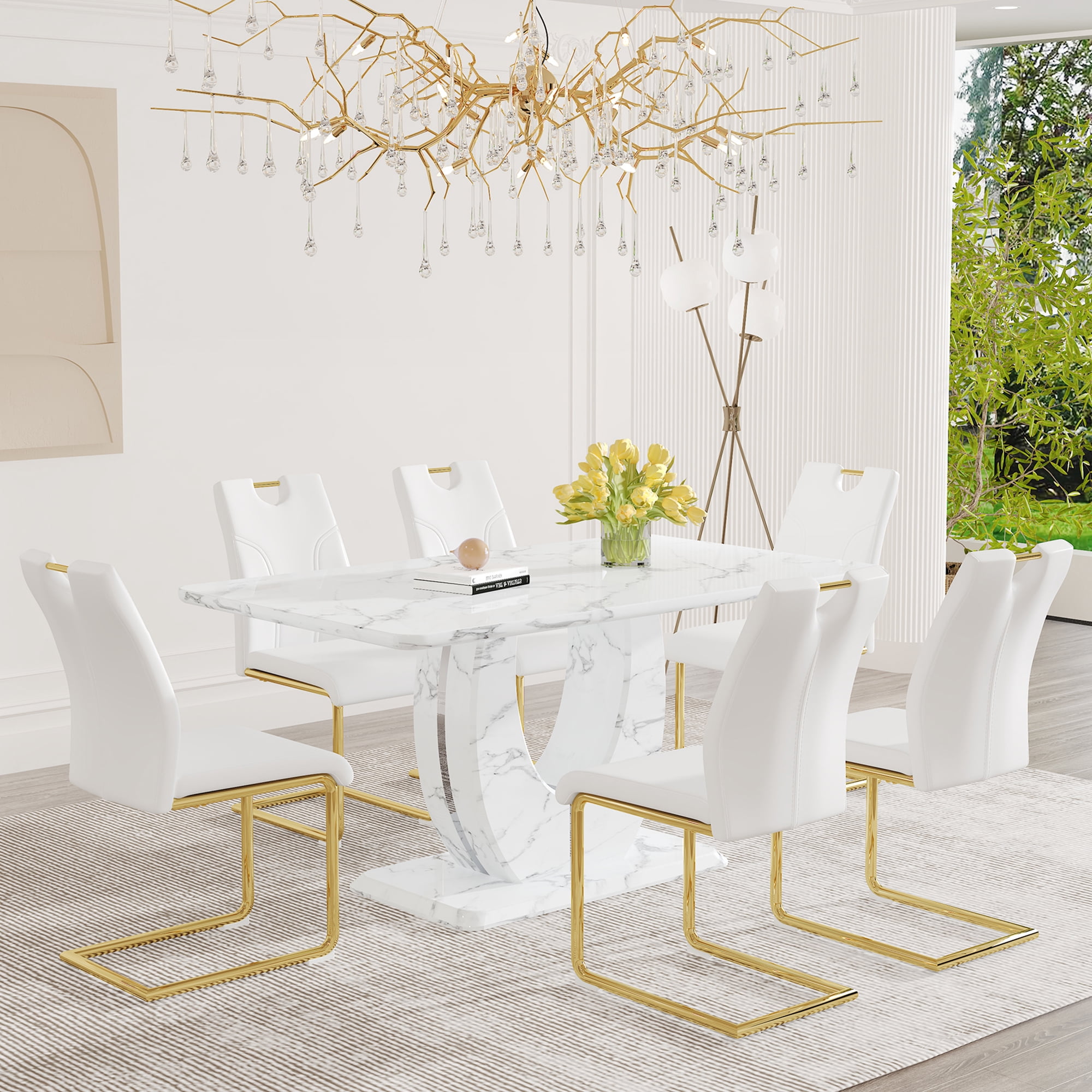 JUFU 63" Dining Table Set for 6, Faux Marble Top, 6 White PU Chairs ...